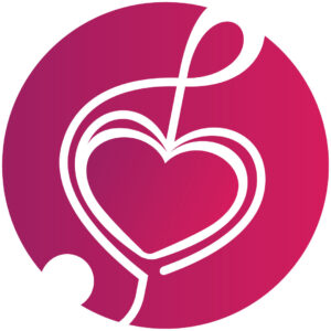 White Heartsong treble clef heart on magenta circle
